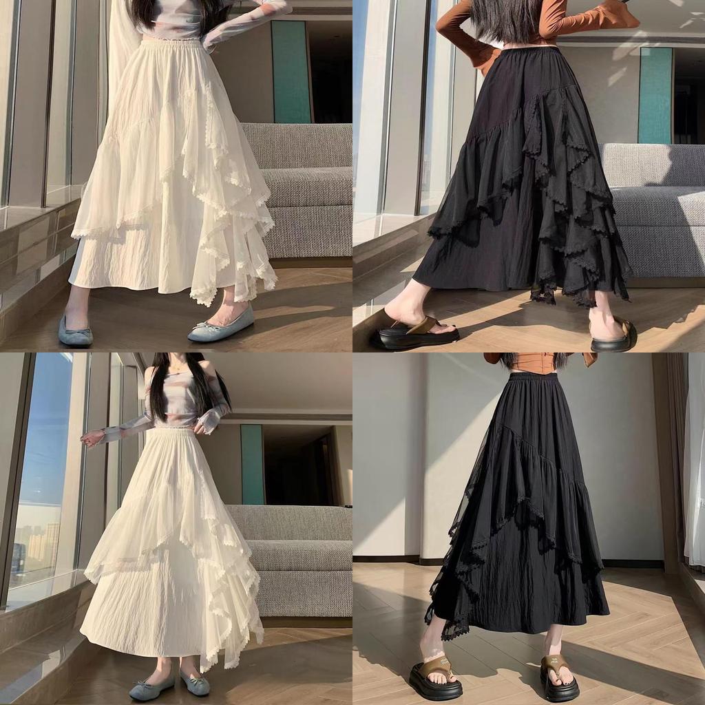 Cotton Blended Irregular Lace Maxi Skirt With Ruffle Hem For Fashion Women