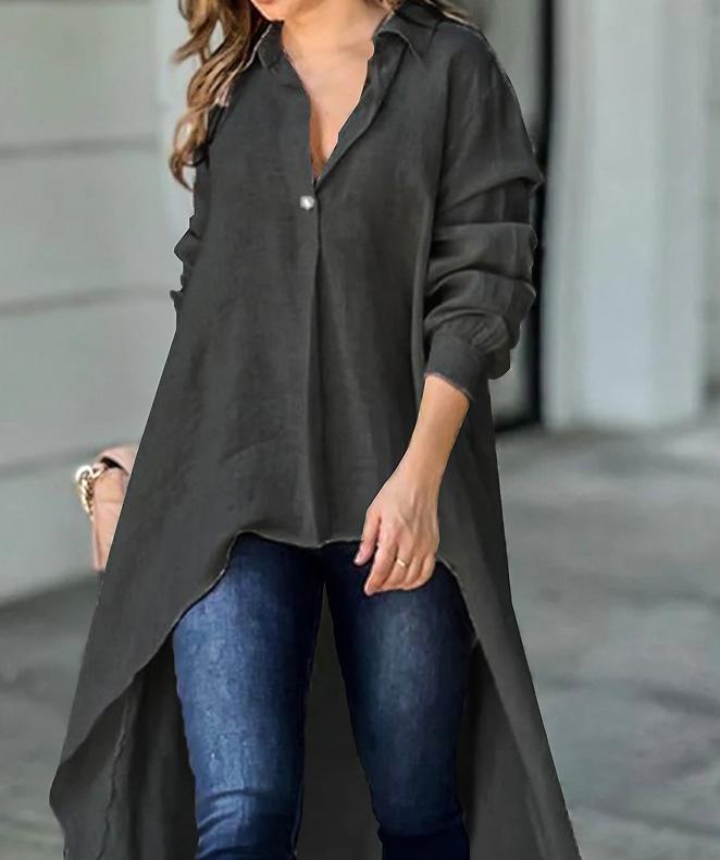 Women's Autumn/Winter Solid Color V-Neck Long Sleeve Irregular Long Shirt