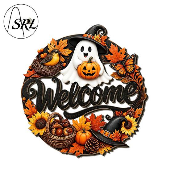 Holiday Door Sign for Store Entry Halloween Pumpkin Ghost Wooden Welcome Hanger Sign, Cute Wall Ornament with Bell Party Hanging Rope, Decor