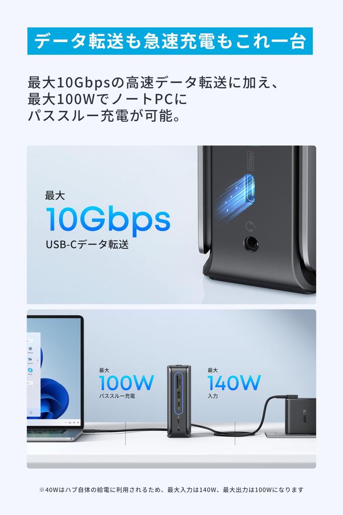 ANKER Съемная нано-док-станция с поддержкой до 4K, до 100 Вт восходящего потока, одновременный вывод на до 3 устройств 10 Гбит/с, данные и карты (13-в-1, USB-C концентратор)