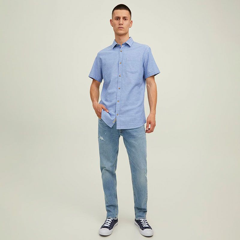 Мужская хлопковая рубашка в полоску с короткими рукавами JACK & JONES