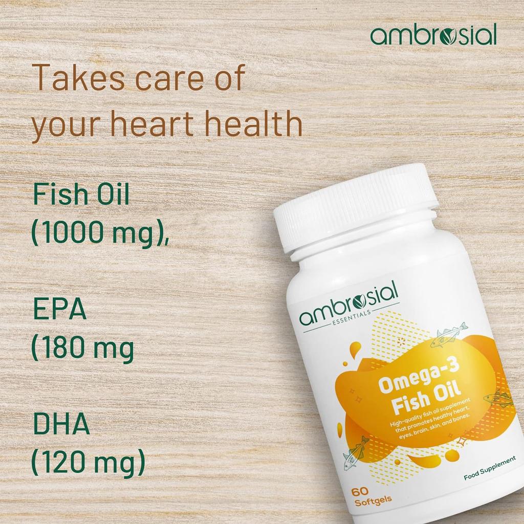Ambrosial Omega 3 Fish Oil | Чистый рыбий жир Omega 3 в капсулах 1000 мг с 180 мг EPA и 120 мг DHA | Поддерживает здоровье сердца и мозга (Упаковка из 1-60 мягких капсул)