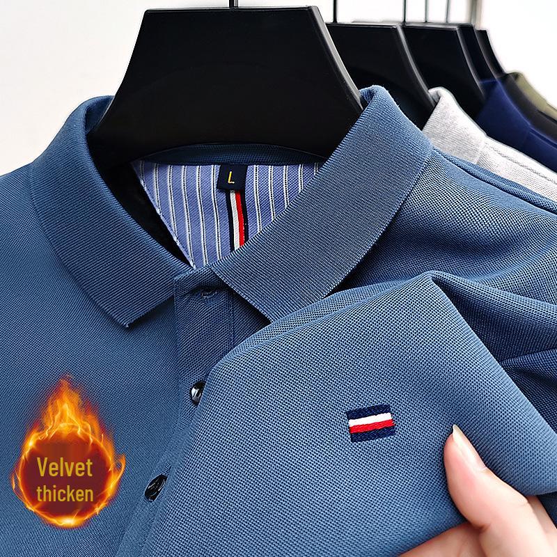 Men's Fleece-Lined Turn-Down Collar Long-Sleeve Polo Shirt - Autumn/Winter Casual Embroidered Warm Top