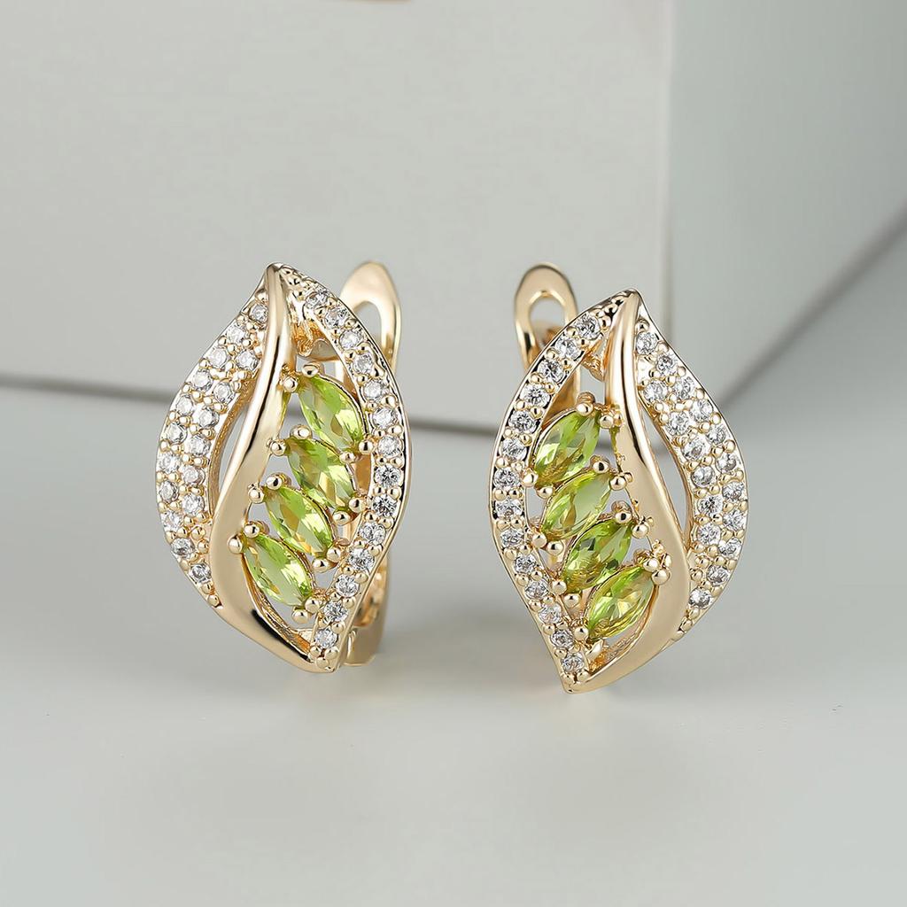 1 пара роскошных серег-клипс на крючках цвета желтого золота огранки «маркиз» оливково-зеленого цвета с камнем, висячие серьги в стиле полых листьев, свадебные серьги