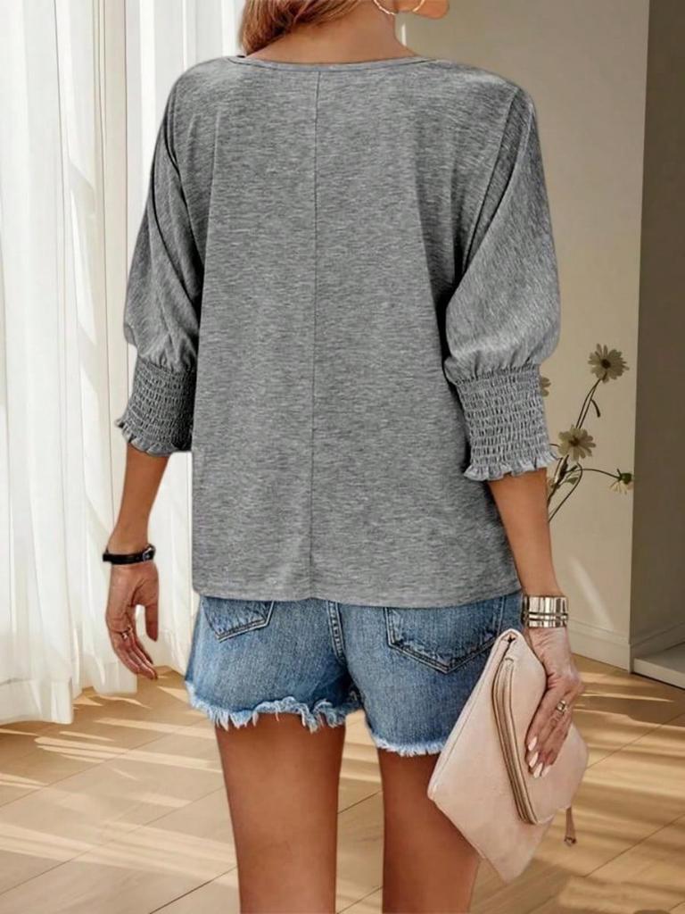 Women's Solid Color Crew Neck Blouse Three Quarter Sleeve Loose Fit Work Top