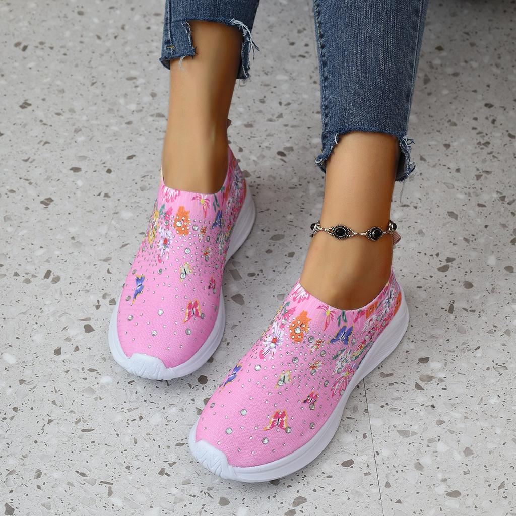 Fashion Flower Print Knitted Sneakers Women Shiny Crystal Breathable Walking Shoes Woman Plus Size 43 Casual Non-Slip Sock Shoes Ladies