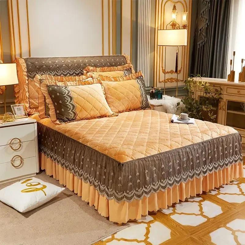 Luxury Winter Fast Warm Velvet Bed Skirt Ultra Soft Thick Flannel Quilted Bed Sheet Non Slip Bed Cover Bedspread King Size