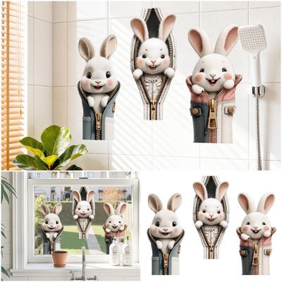 Cute Zipper Rabbit Glass Decals Multicolor Rabbit Sticker Easter Sticker  Festival Celebration