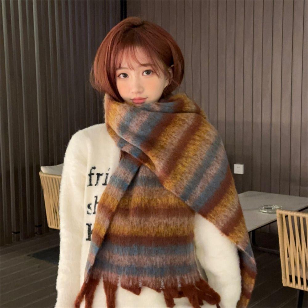 Warm Winter Cashmere Scarf Stripe Pattern Thickened Shawl Wrap New Long Tassel Scarves Women