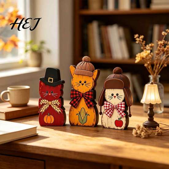 Winter Festival Decor 3Pcs Christmas Wooden Cat Ornaments with Hat and Bow Tie, Decorative 2D Retro Style Crafts Flat Thanksgiving Tabletop Figurines,