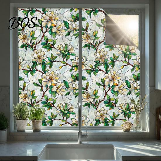Electrostatic Window Sticker Stained Glass Privacy Film, Flower Wall Decals, UV Blocking Tearable Reusable Cling Floral Stickers for Bedroom