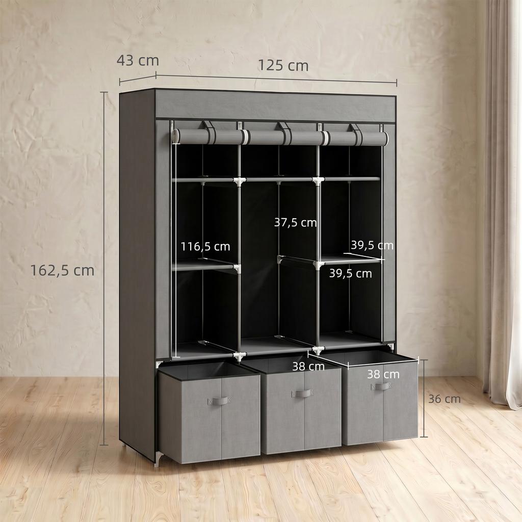 Тканевый шкаф из нетканого материала, Складной шкаф, вкл.. 3 ящика, 125 см x 43 см x 162,5 см, Серый
