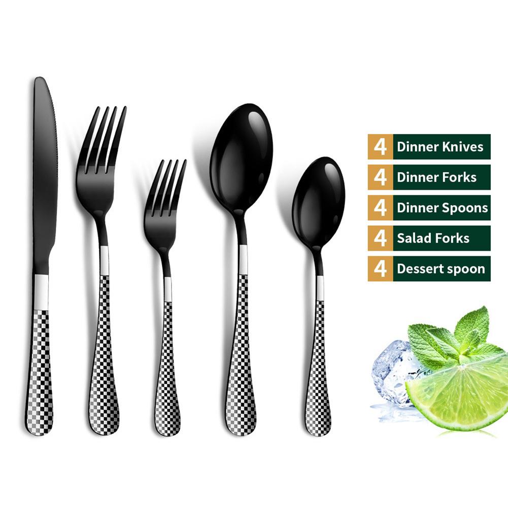 20pcs Cutlery Set Checkered Pattern Mirror Finish Smooth Edge Stainless Steel Fork Spoon Set