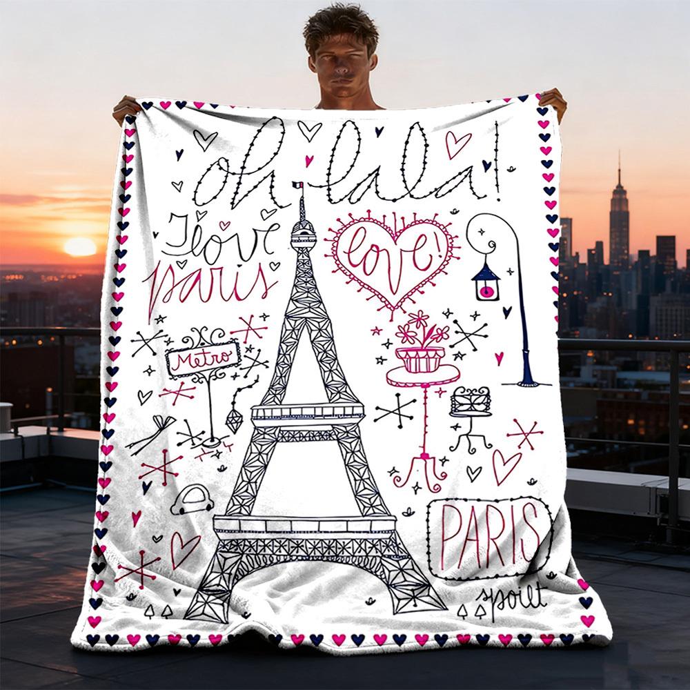 1pc Eiffel Tower, Paris Love Print Outdoor Blanket, Lightweight Polyester,