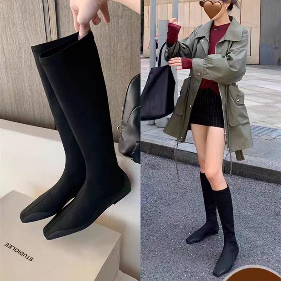 Elastic boots, fashionable comic leg temperament, square head flat bottom bare boots, mid-leg thin boots, women's fashion boots