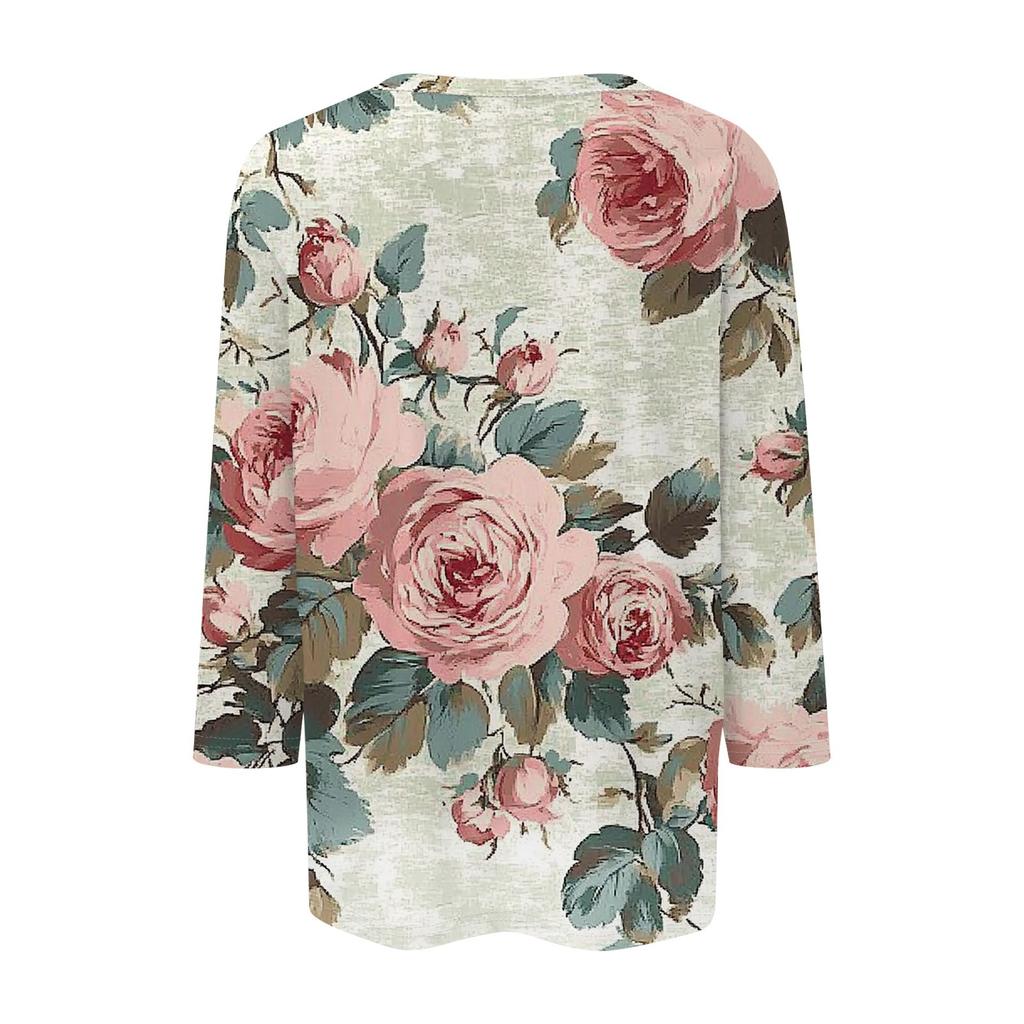 Женская мода повседневная 3/4 рукава цветочный принт пуловер круглый вырез топ повседневная одежда