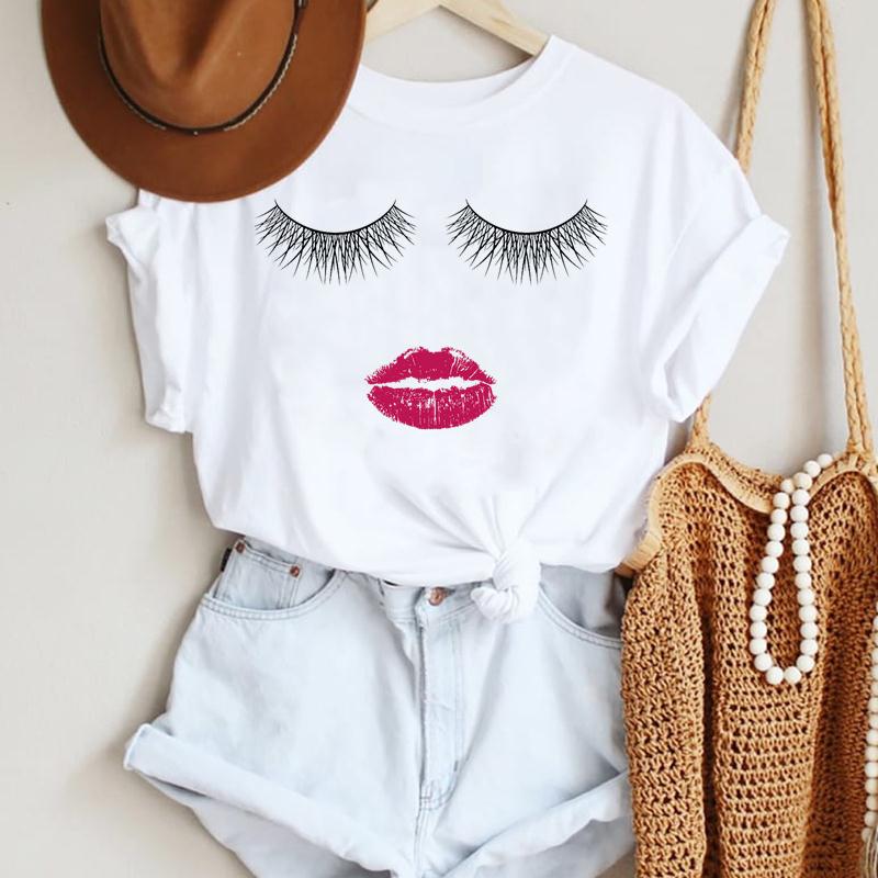 2025 Women Ladies Watercolor Casual Eye Eyelash Fashion Cartoon Summer Lady Print Tee Stylish T Top Tshirts Clothes T-Shirt