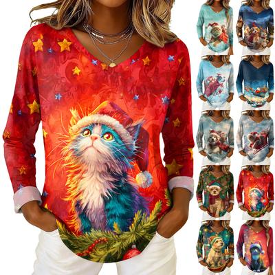 Женский повседневный топ с V-образным вырезом и длинными рукавами с рождественским принтом