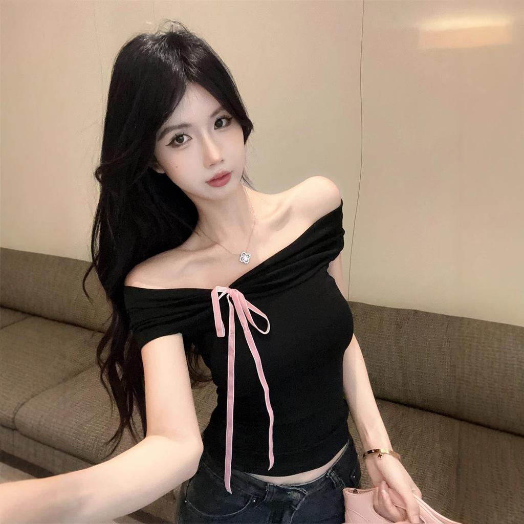 Bow off-the-shoulder short-sleeved t-shirt for women's summer pure desire spice girl sexy one-word shoulder small top unique and beautiful