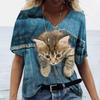 Женская повседневная футболка с коротким рукавом и V-образным вырезом, милый принт кошки, 3D-футболки, праздничный топ для женщин