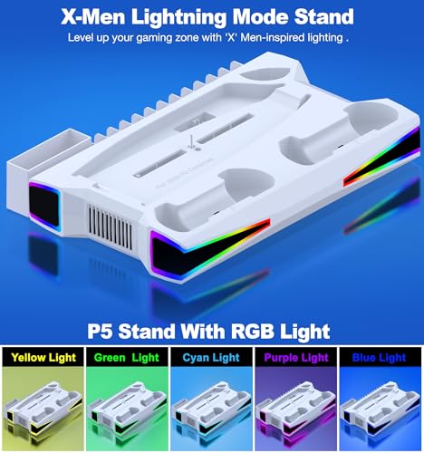 PS5 Slim Stand with 6-Color RGB Lights, PS5/PS5 Slim Controller Charging Stand, Simultaneous Charging of 2 Controllers, 3-Stage Cooling, PS5 Disc/Digi