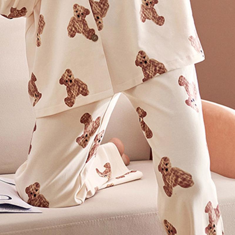 Women's Loose Pajama Pants with Cartoon Bear Print for Spring and Autumn, Wearable Outdoors, Home Leisure Straight Pants