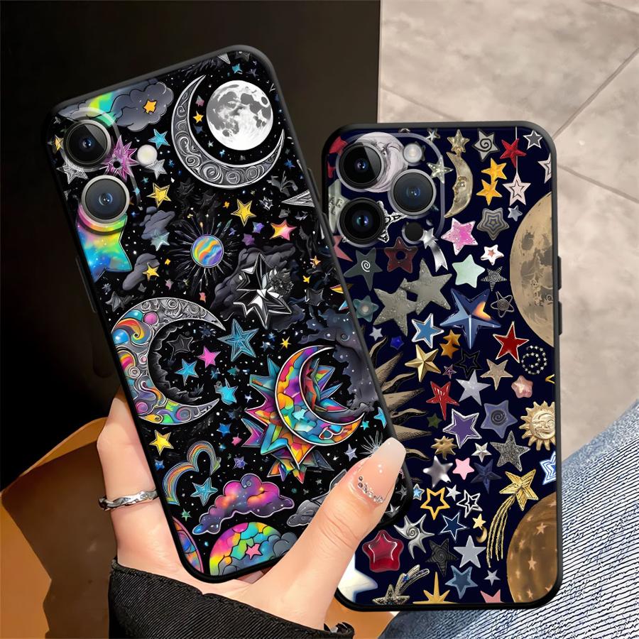 Чехол для iPhone 7 8 15 16 14 Plus XR 13 12 11 17 Pro Max 17Air XS Max Черный Мягкий Чехол для Телефона Звезда Луна Узор