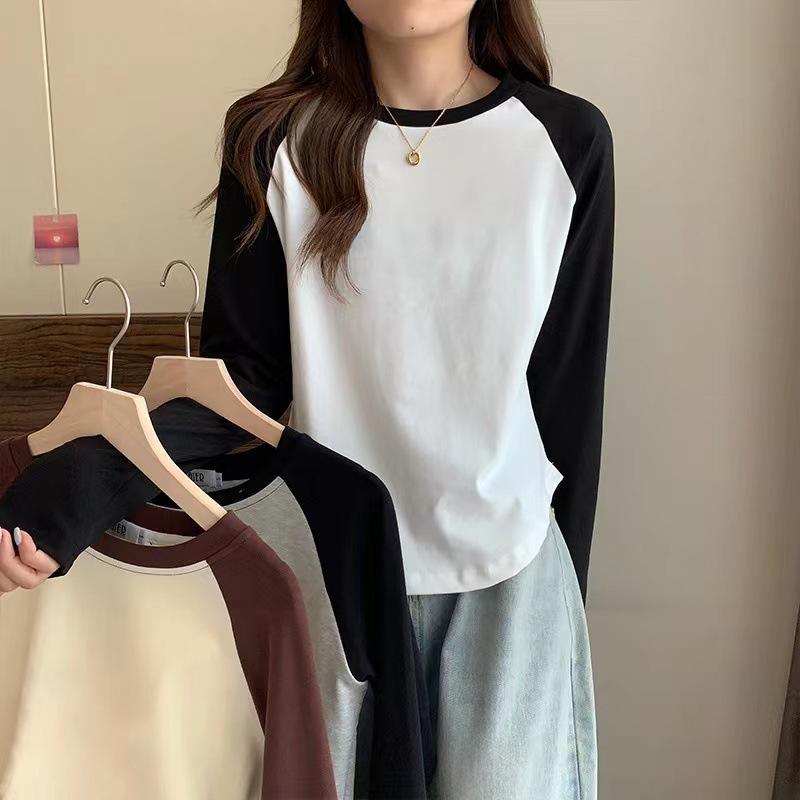 Women Slim Fit Contrast Color Raglan Long Sleeve Casual T Shirt