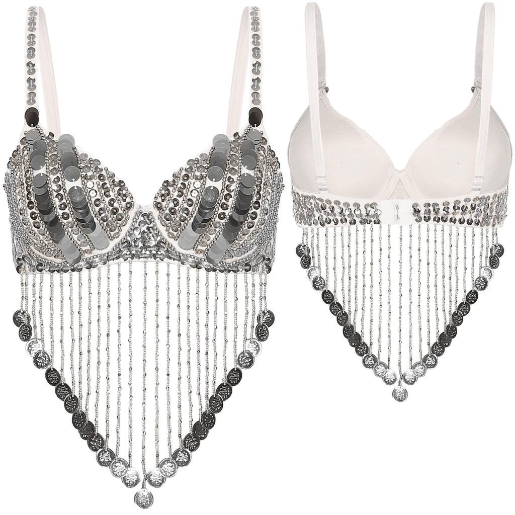 Женский блестящий бюстгальтер на косточках с блестками, бусинами, кисточками и топами для танца живота Rave