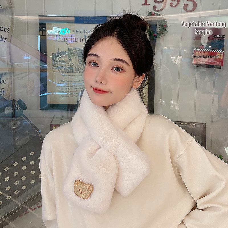 Newcomer Discount: Cute Bear Plush Women's Scarf - Imitation Rex Rabbit Fur, Warm & Versatile for Autumn/Winter
