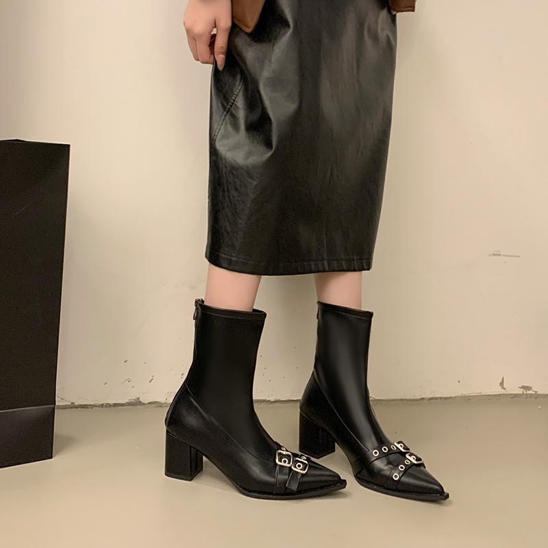 Модные Aphixta Роскошные Кожаные Женские Ботильоны Металлическая Пряжка Застежка-молния сзади Современные Ботинки Обувь Женские Ботинки botines para mujeres