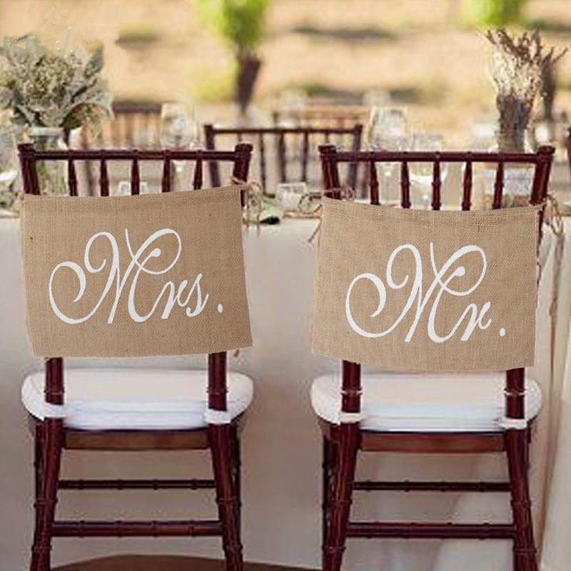 1 комплект из 2 бантиков из мешковины Mr.. Набор баннеров и табличек для стульев "Миссис Берлап" в деревенском стиле для свадебной вечеринки.