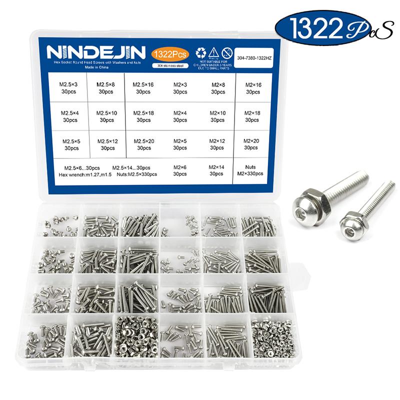 NINDEJIN 1322pcs/set Hexagon Socket Head Cap Screw and Nut Stainless Steel M2 M2.5 Hex Socket Countersunk Button Head Screw Set
