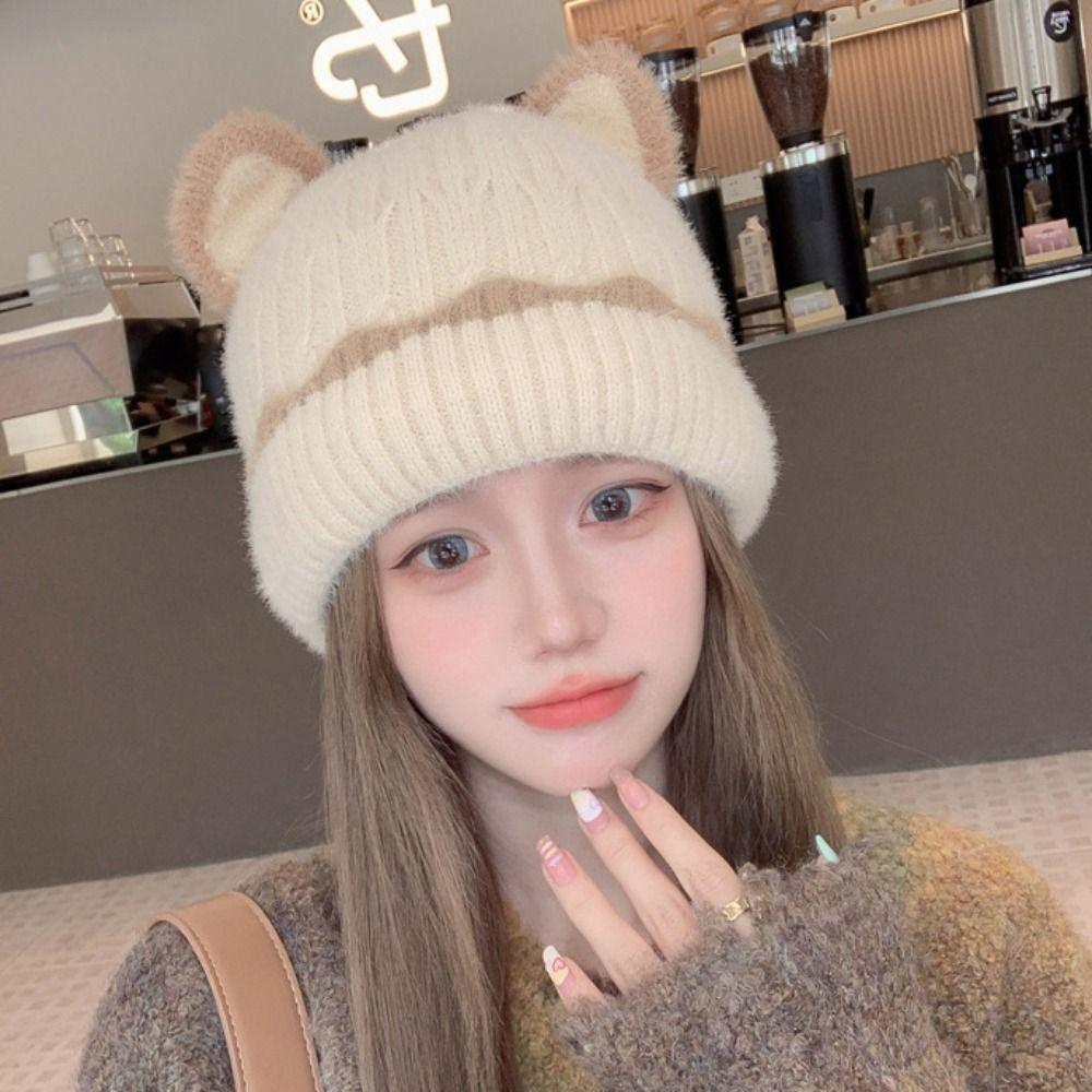 Сохраняйте тепло, вязаная шерстяная шапка, утолщенная вязаная шапочка, милая шапочка с кошачьими ушками для девочек