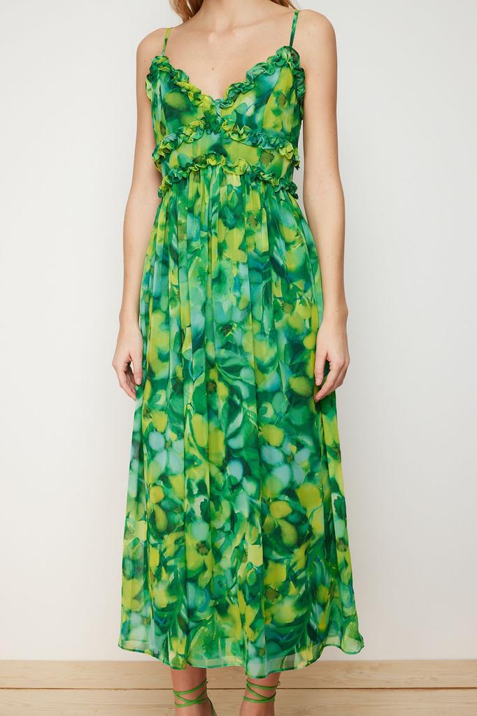 Женское стильное платье Зеленое шифоновое платье макси с цветочным узором и рюшами на подкладке