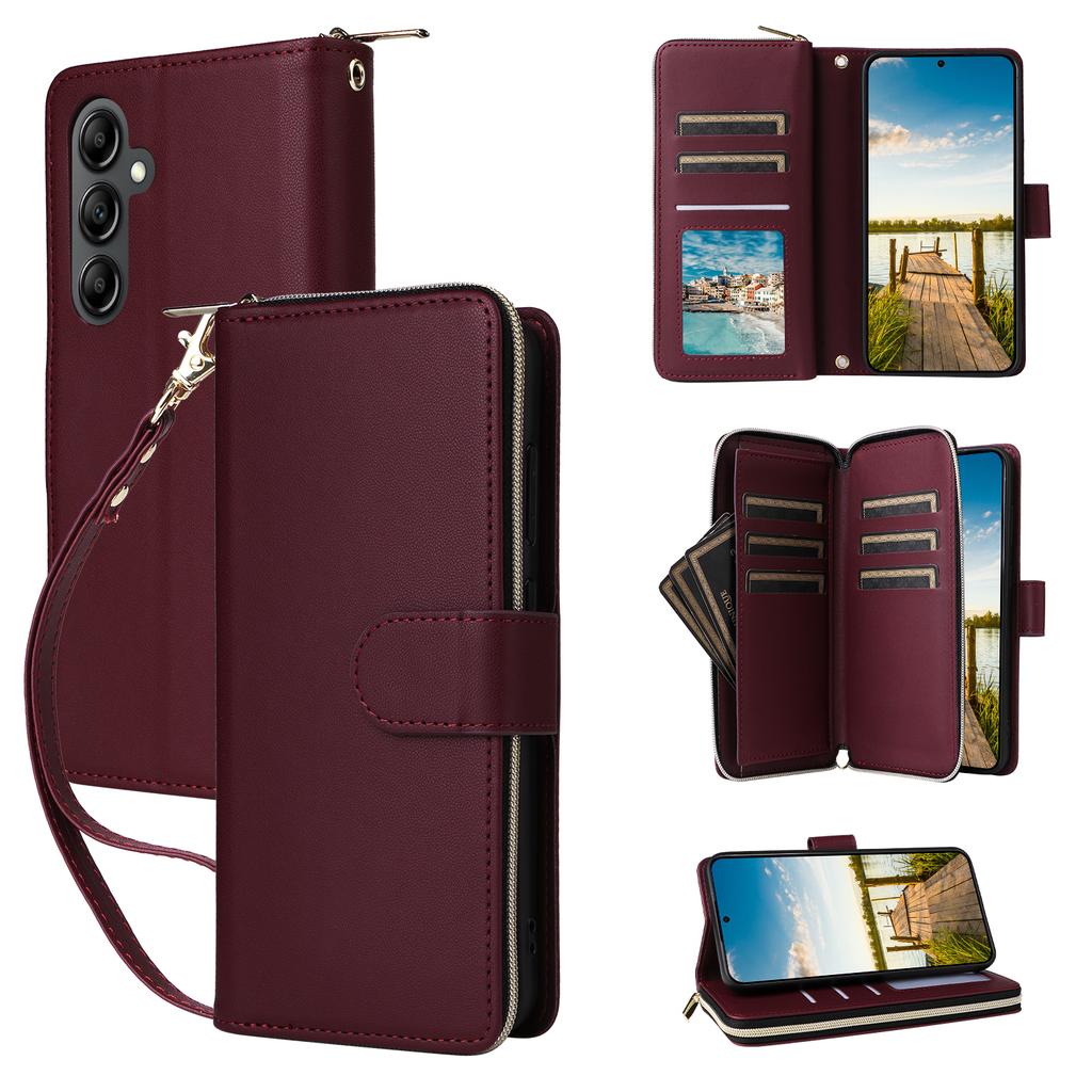 For Samsung Galaxy A17 5G Case 9 Card Slots Zipper Pocket PU Leather Phone Cover with Wrist Strap