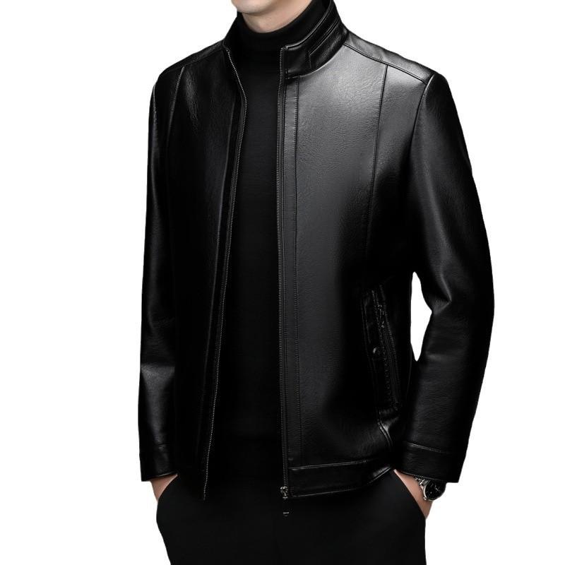 Утолщенная кожаная куртка мужская кожаная куртка из овчины средней длины, повседневная куртка с воротником-стойкой, интегрированный мех Tide