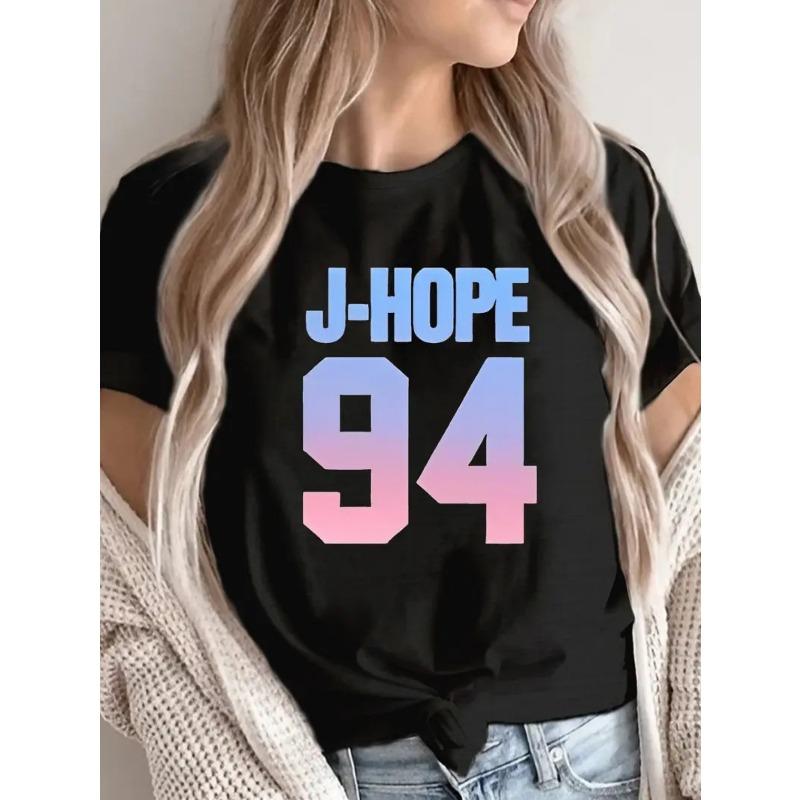 Европейский размер J-Hope 94 Женская летняя футболка с принтом, Футболка с круглым вырезом и короткими рукавами, Универсальная, Высококачественная, Повседневная, Размер S