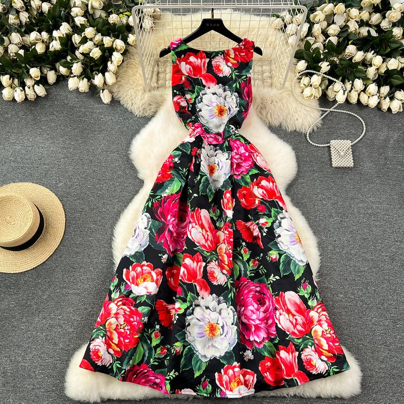 Женское платье-майка с цветочным принтом, элегантное модное летнее платье трапециевидной формы с круглым вырезом без рукавов и высокой талией, вечернее платье-майка для взлетно-посадочной полосы