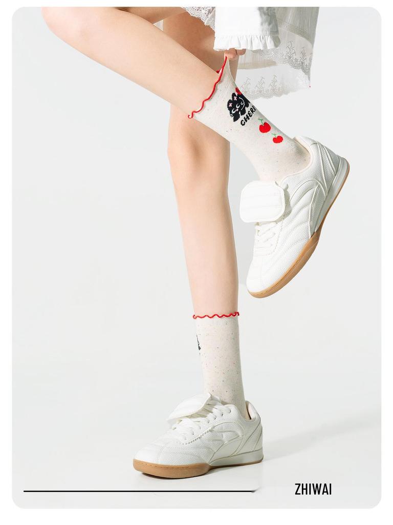 Милые мультяшные носки из кружевной сетки в горошек - Женские весенне-осенние хлопковые носки до середины икры, Сладкий дизайн с животными