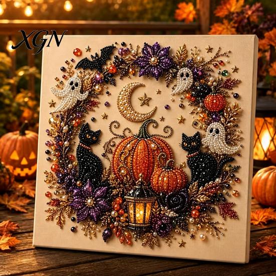 Handmade Gift for Craft Enthusiasts 2Pcs Halloween Faux Pearl Art, Ghost Pumpkin Witch Crow Painting DIY Sparkling Bead Set Kit, 3D Skull