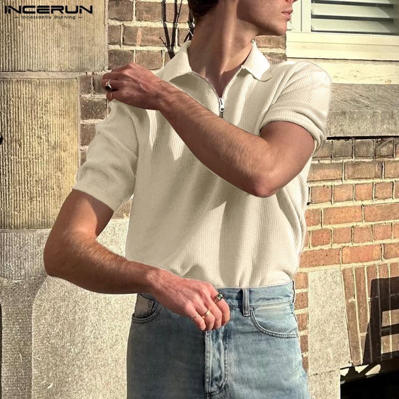 INCERUN Летние мужские повседневные футболки с застежкой-молнией и лацканами, коротким рукавом и текстурой, топы