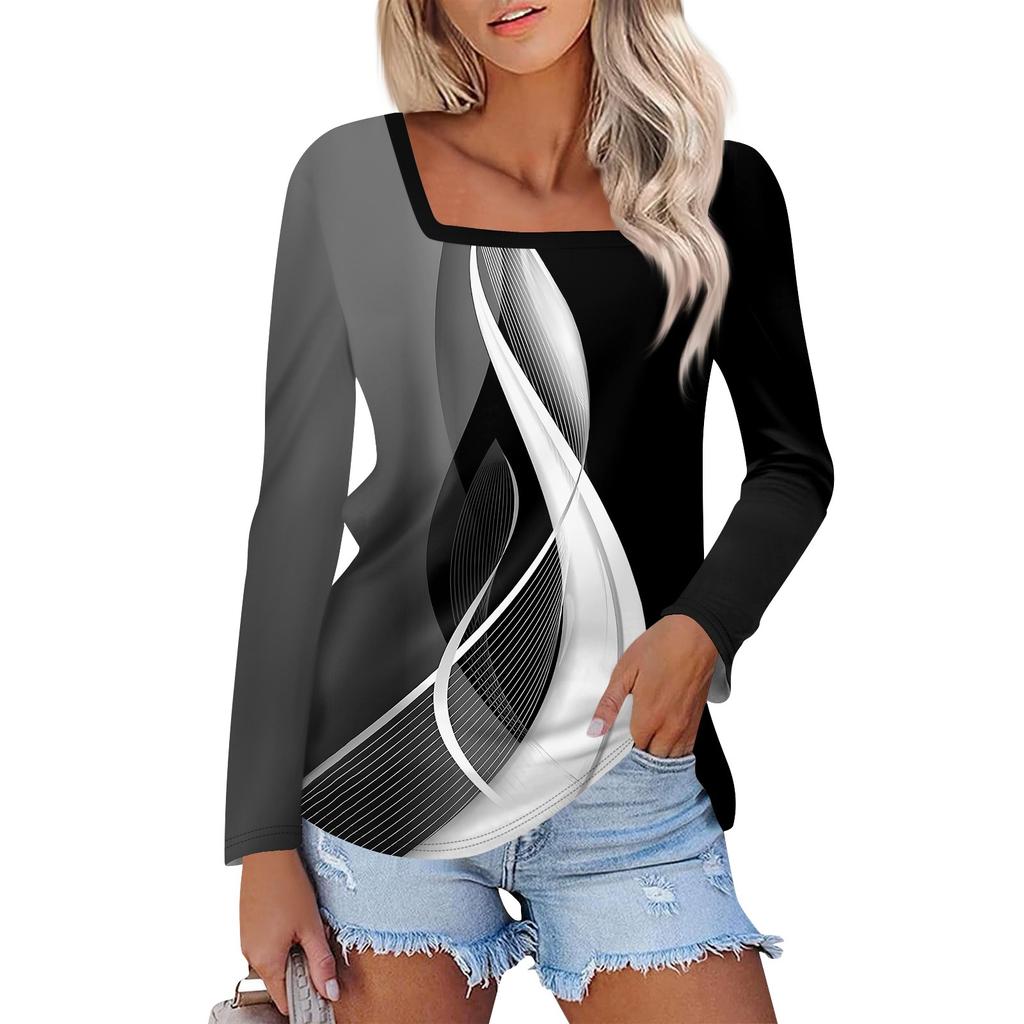 Рубашка для женщин, модная повседневная свободная футболка с квадратным вырезом и длинным рукавом с принтом, женский топ