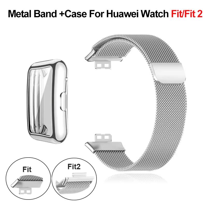 Металлический ремешок для Huawei Watch Fit/Fit 2 с чехлом, ТПУ защитное стекло, Миланский магнитный браслет для Watch Fit