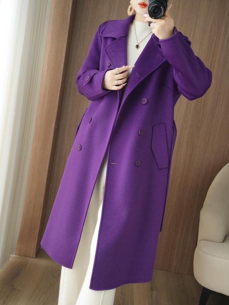 2025 A/W Women's Slimming Double-Faced Cashmere Coat - Korean Style Double-Breasted Wool Overcoat with Suit Collar