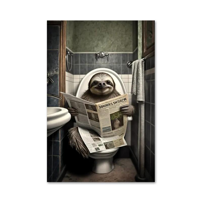 Смешная ванная комната юмористическое животное медведь собака тигр сидит на унитазе читает газету холст картины постеры и принты настенное искусство