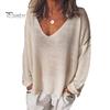 Women T-shirt V-Neck Long Sleeve Loose Fit Tee Shirt Solid Color Breathable Casual Pullover Tops Daily Wear