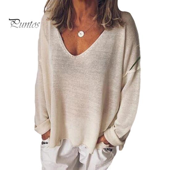 Women T-shirt V-Neck Long Sleeve Loose Fit Tee Shirt Solid Color Breathable Casual Pullover Tops Daily Wear