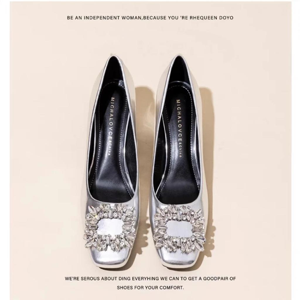 Французский темперамент серебристые туфли на высоком каблуке женские из мягкой кожи 2024 весна и осень новые толстый каблук квадратный носок хрустальные одинарные туфли