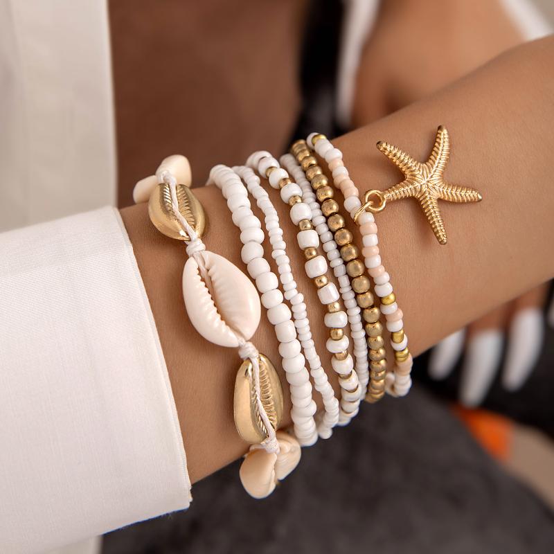 7PCS Boho Fashion Shell Color Beads Bracelet Set Jewelry for Women Girls Beach Holiday Handmade Bijoux